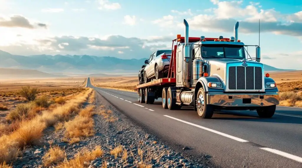A modern flatbed tow truck transporting a sedan on a highway during sunset in Antelope.