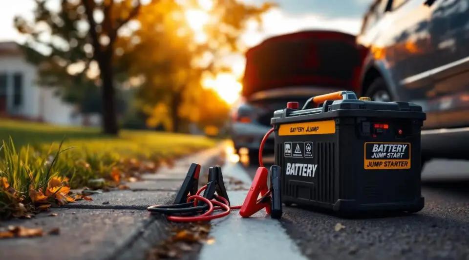 A professional tow truck operator jump starting a car battery on a rainy evening in Sacramento.