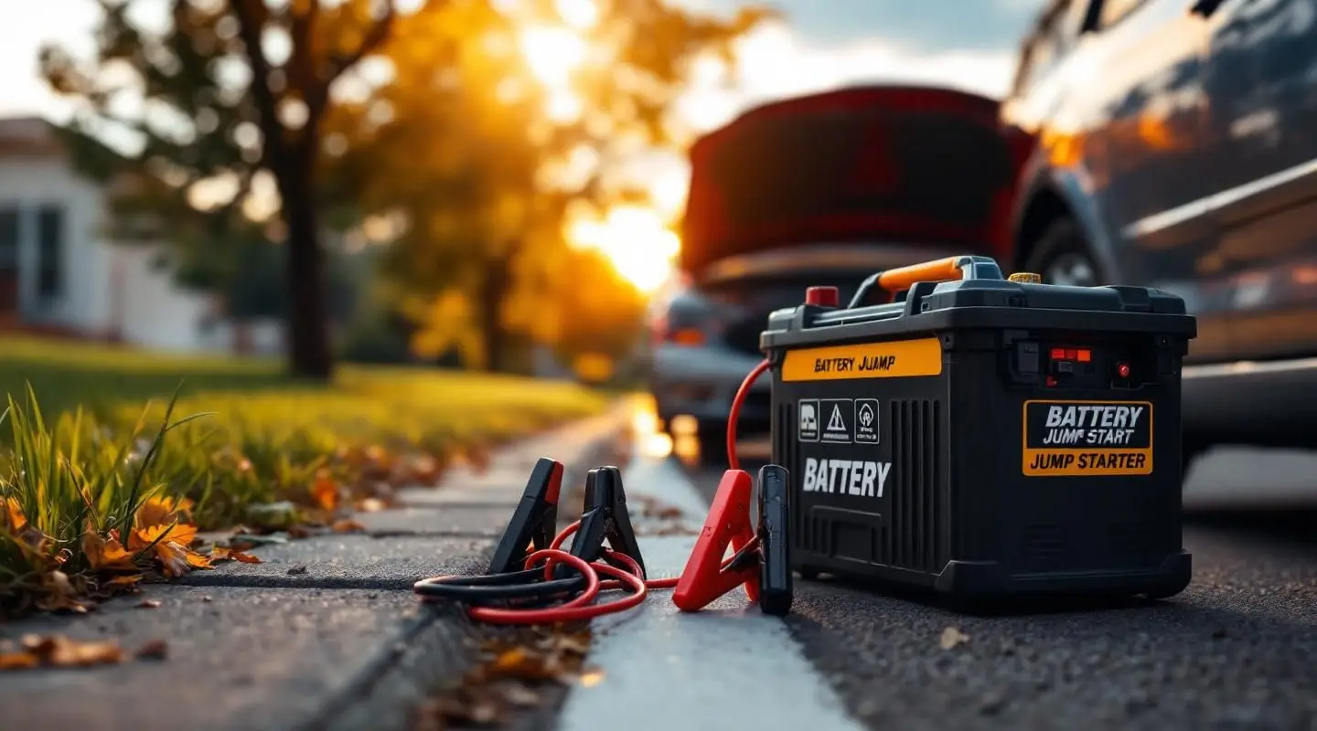 A professional tow truck operator jump starting a car battery on a rainy evening in Sacramento.