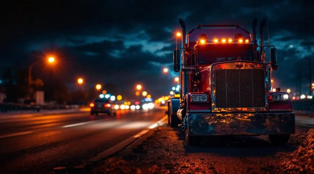 Flatbed tow truck loading a disabled sedan on a Antelope highway shoulder at night with amber safety lights flashing.
