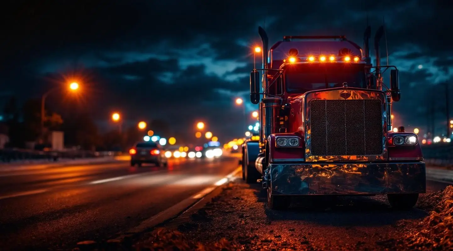 Flatbed tow truck loading a disabled sedan on a Sacramento highway shoulder at night with amber safety lights flashing.