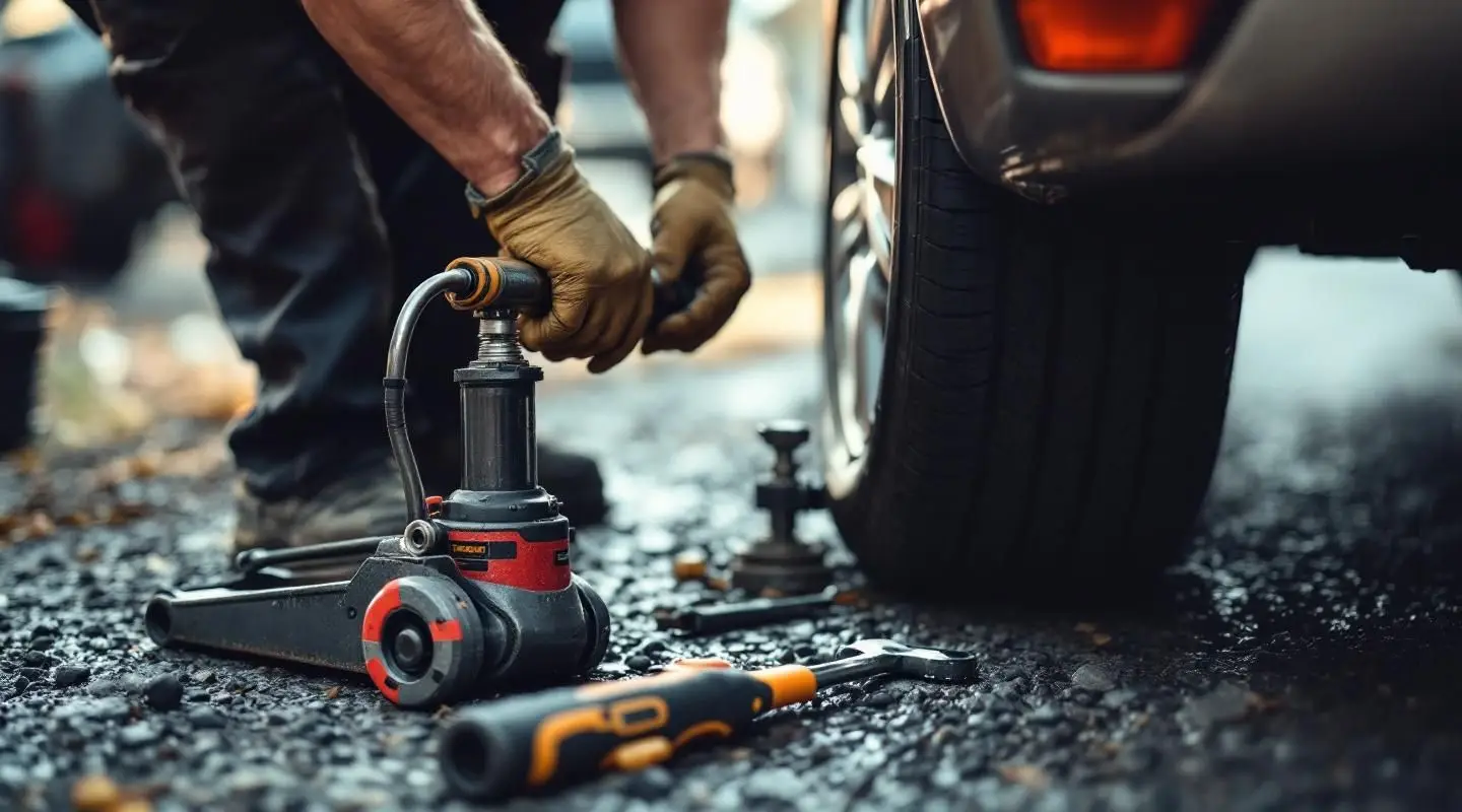 A professional tow operator in high-visibility gear changing a flat tire on a vehicle on a Sacramento highway shoulder.