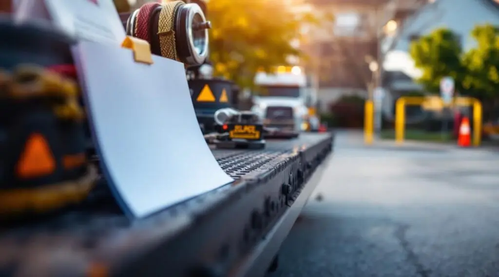 A professional flatbed tow truck operator preparing to tow an illegally parked sedan from a private Antelope parking lot.