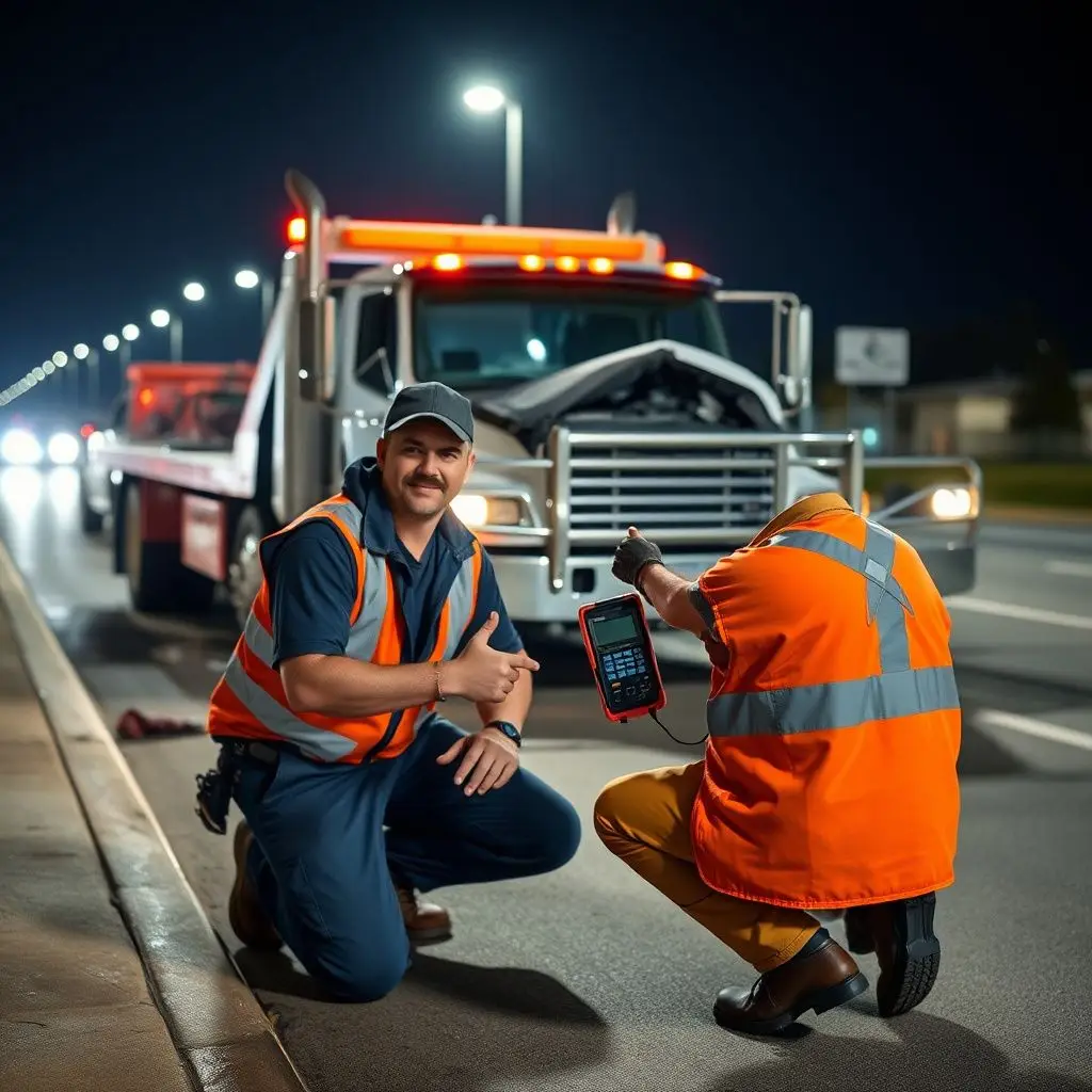 A professional tow operator in high-visibility gear preparing a flatbed tow truck for service on a Citrus Heights street