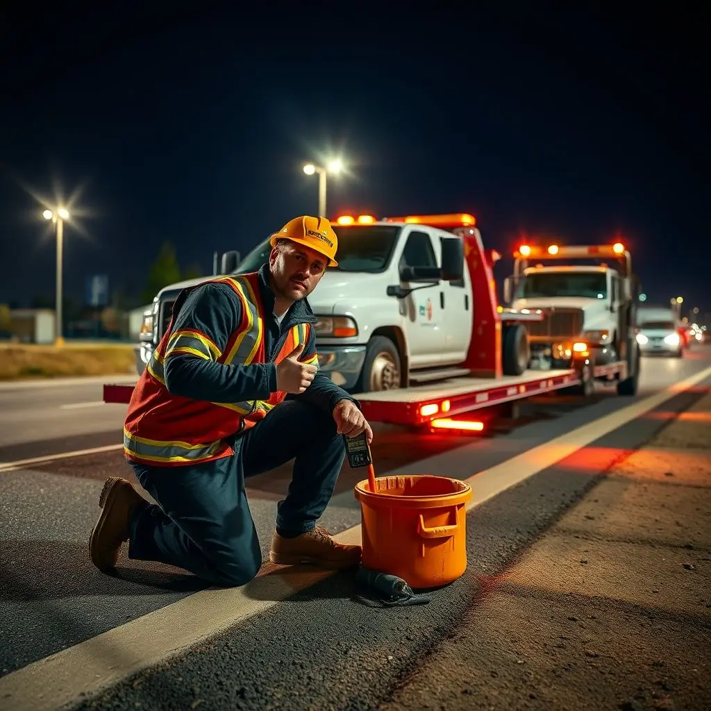A professional tow truck operator wearing safety gear, preparing a flatbed tow truck for dispatch in West Sacramento.